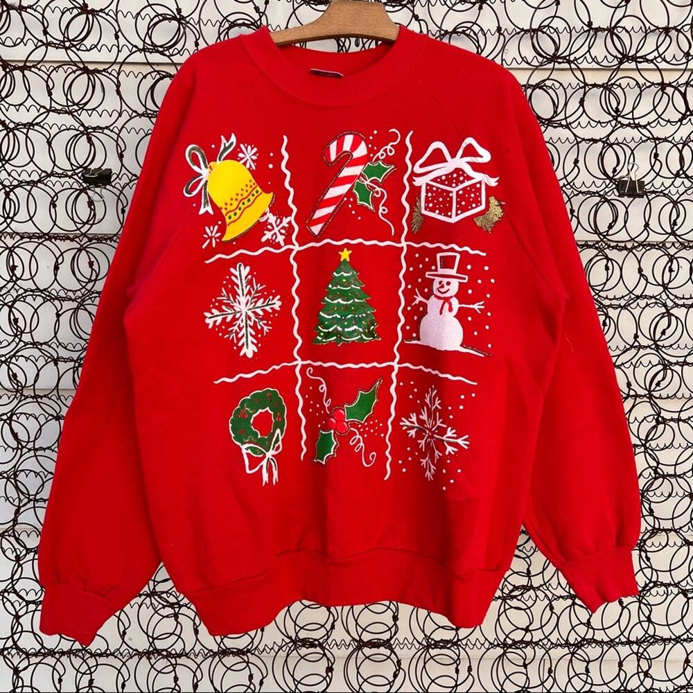 Vintage 90s Ugly Christmas red tic tac toe sampler image sweatshirt red XL